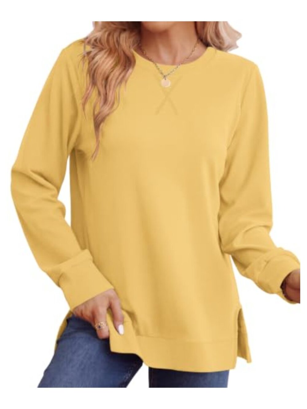 Womens Crewneck Sweatshirt Side Split Long Sleeve Tunic Top